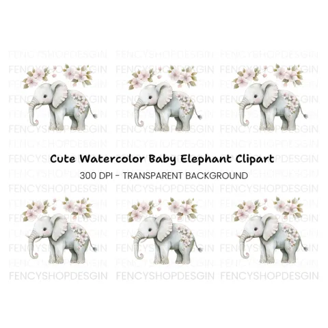 Cute Elephant with Flowers Clipart Bundle