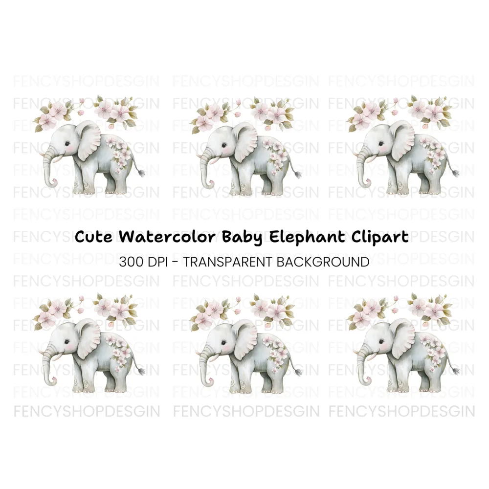 Cute Elephant with Flowers Clipart Bundle