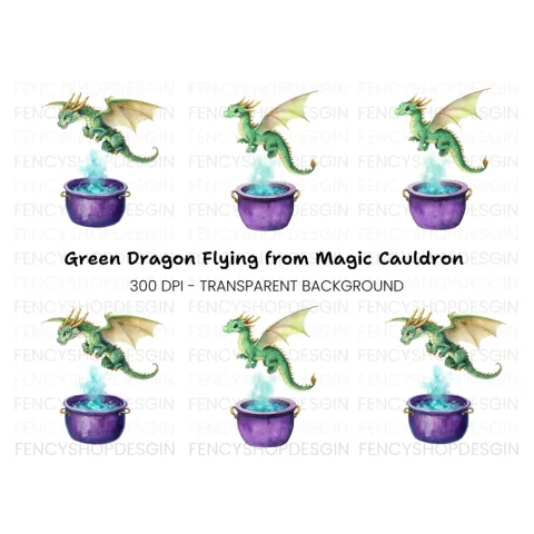 Green Dragon Flying Over Cauldron Clipart Bundle