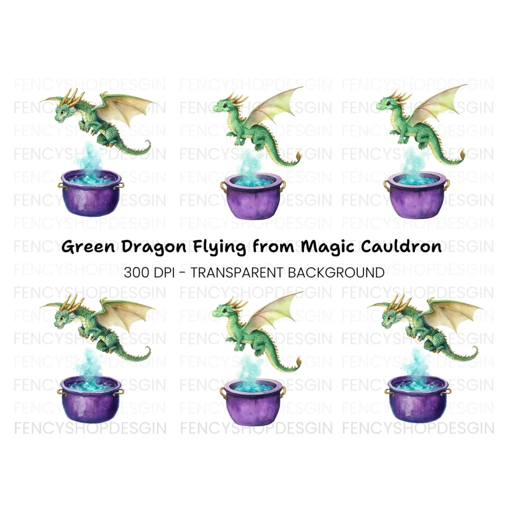 Green Dragon Flying Over Cauldron Clipart Bundle