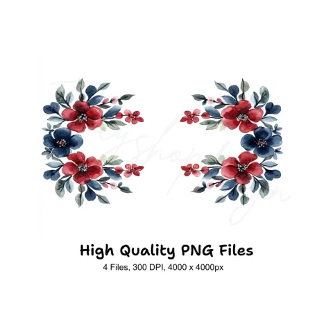 Red Blue Floral Elements Clipart Bundle