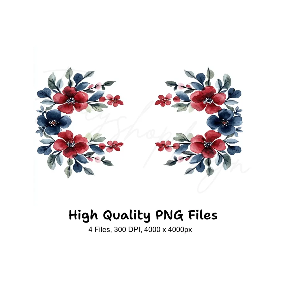 Red Blue Floral Elements Clipart Bundle