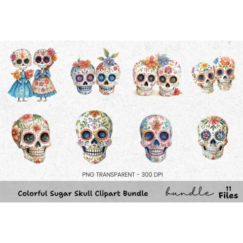 Colorful Sugar Skull Clipart Bundle