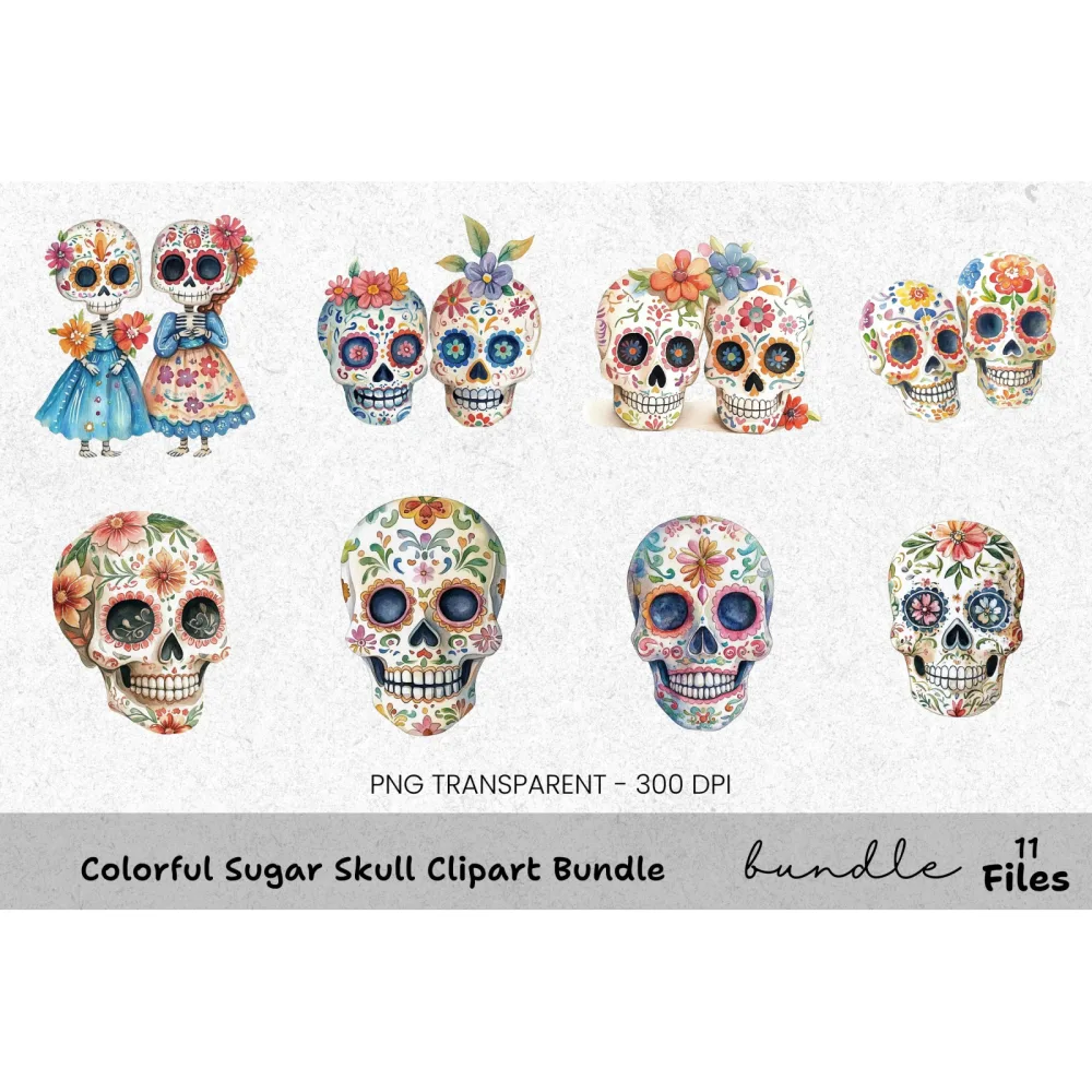 Colorful Sugar Skull Clipart Bundle