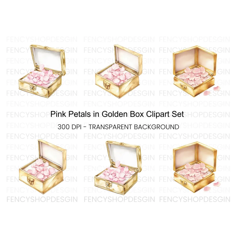 Pink Petals in Golden Box Clipart Bundle