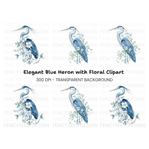 Elegant Blue Heron with White Flowers Clipart Bundle