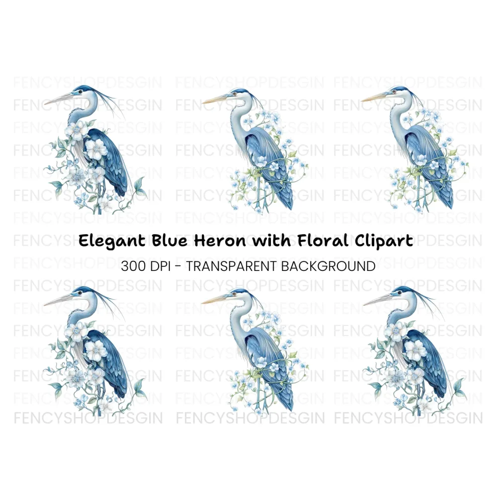 Elegant Blue Heron with White Flowers Clipart Bundle