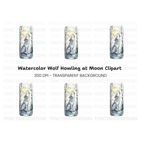 White Wolf Howling in Birch Forest Clipart Bundle