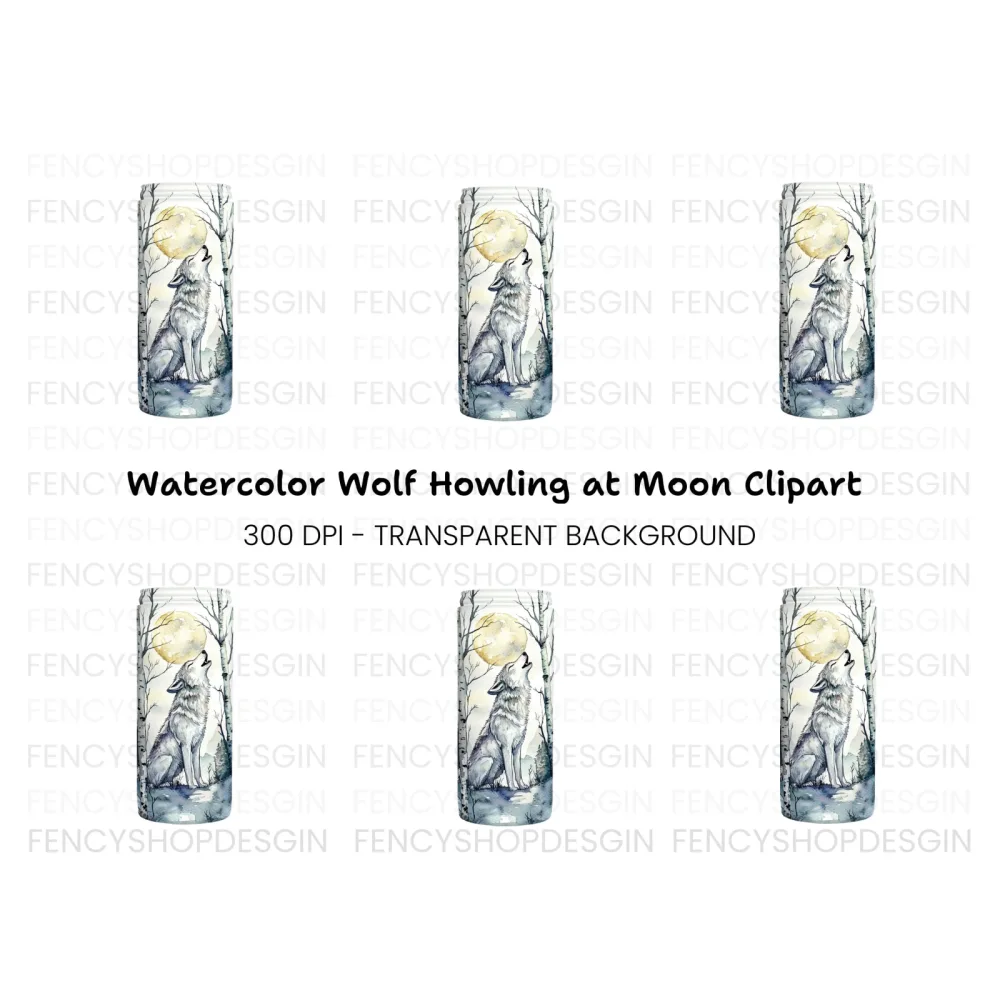 White Wolf Howling in Birch Forest Clipart Bundle
