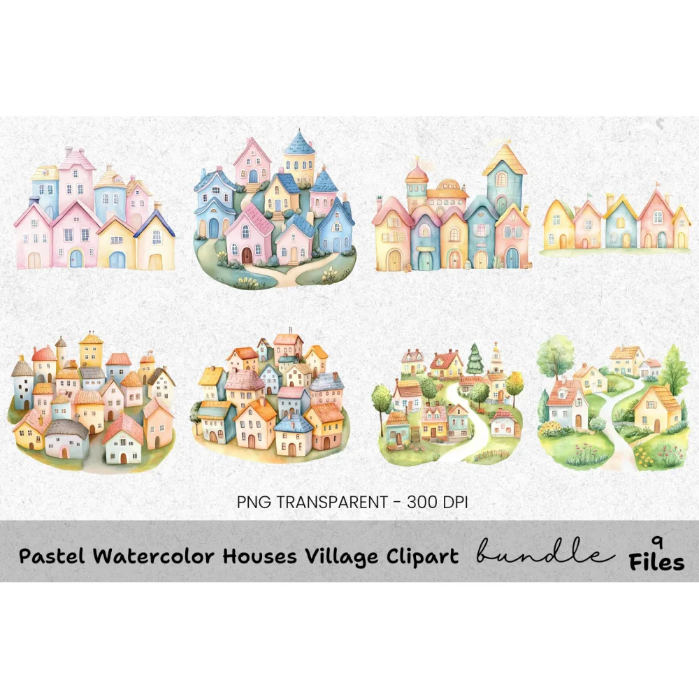 Pastel Houses Village Clipart Bundle