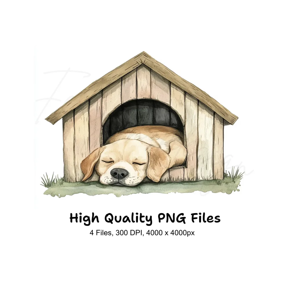 Sleeping Puppies in Dog Houses Clipart Bundle