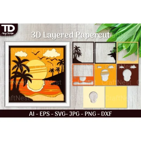 Tropical Beach Sunset D Shadow Box Scene Papercut SVG