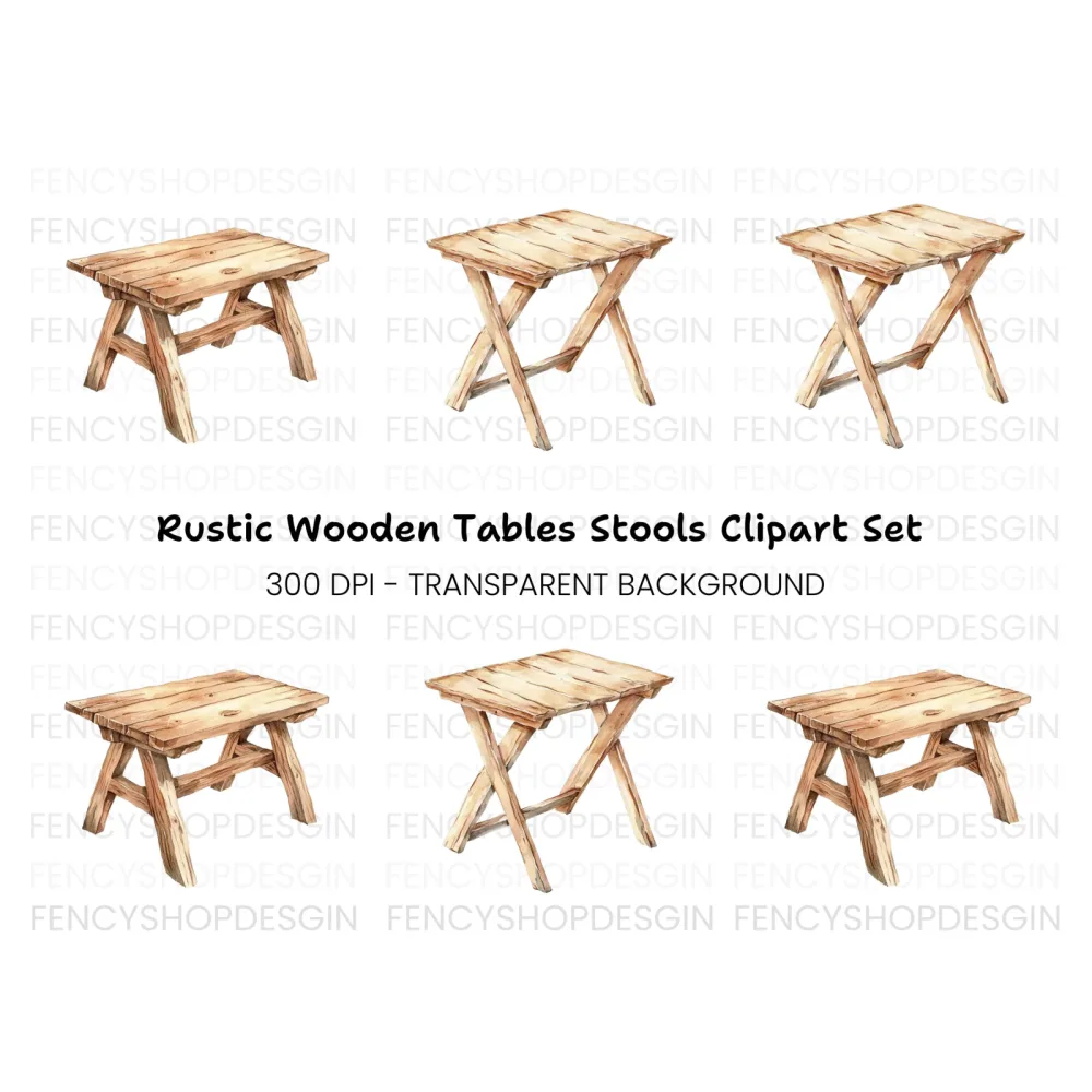 Rustic Wooden Stools Clipart Bundle