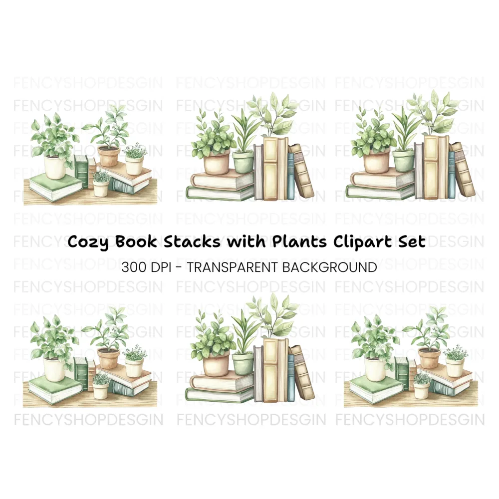 Stack of Books with Plants Clipart Bundle