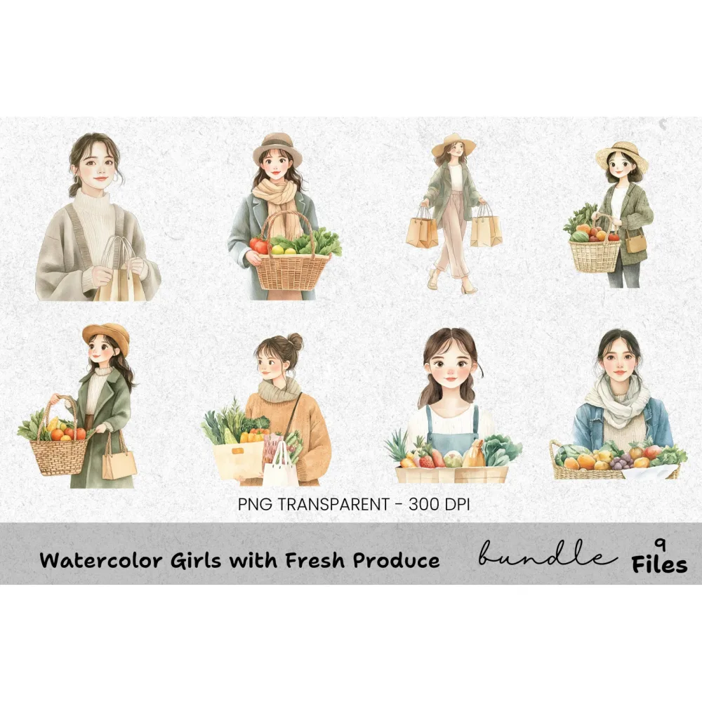 Girls with Fresh Produce Clipart Bundle