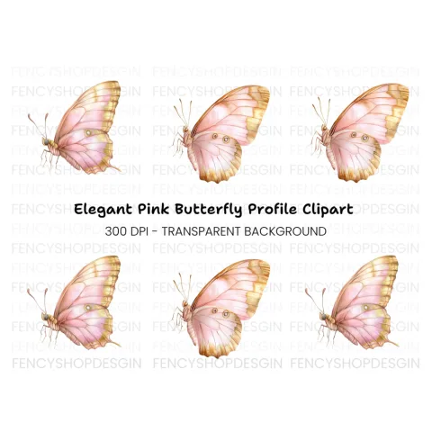 Side View Pink and Gold Butterfly Clipart Bundle
