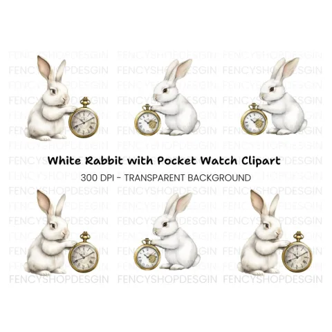 White Rabbit with Pocket Watch Clipart Bundle