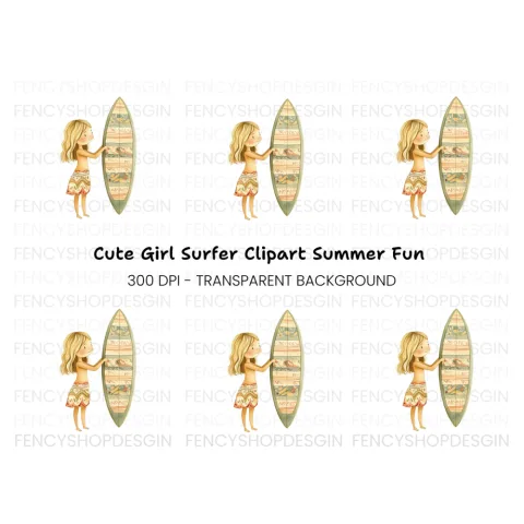 Cute Girl with Surfboard Clipart Bundle