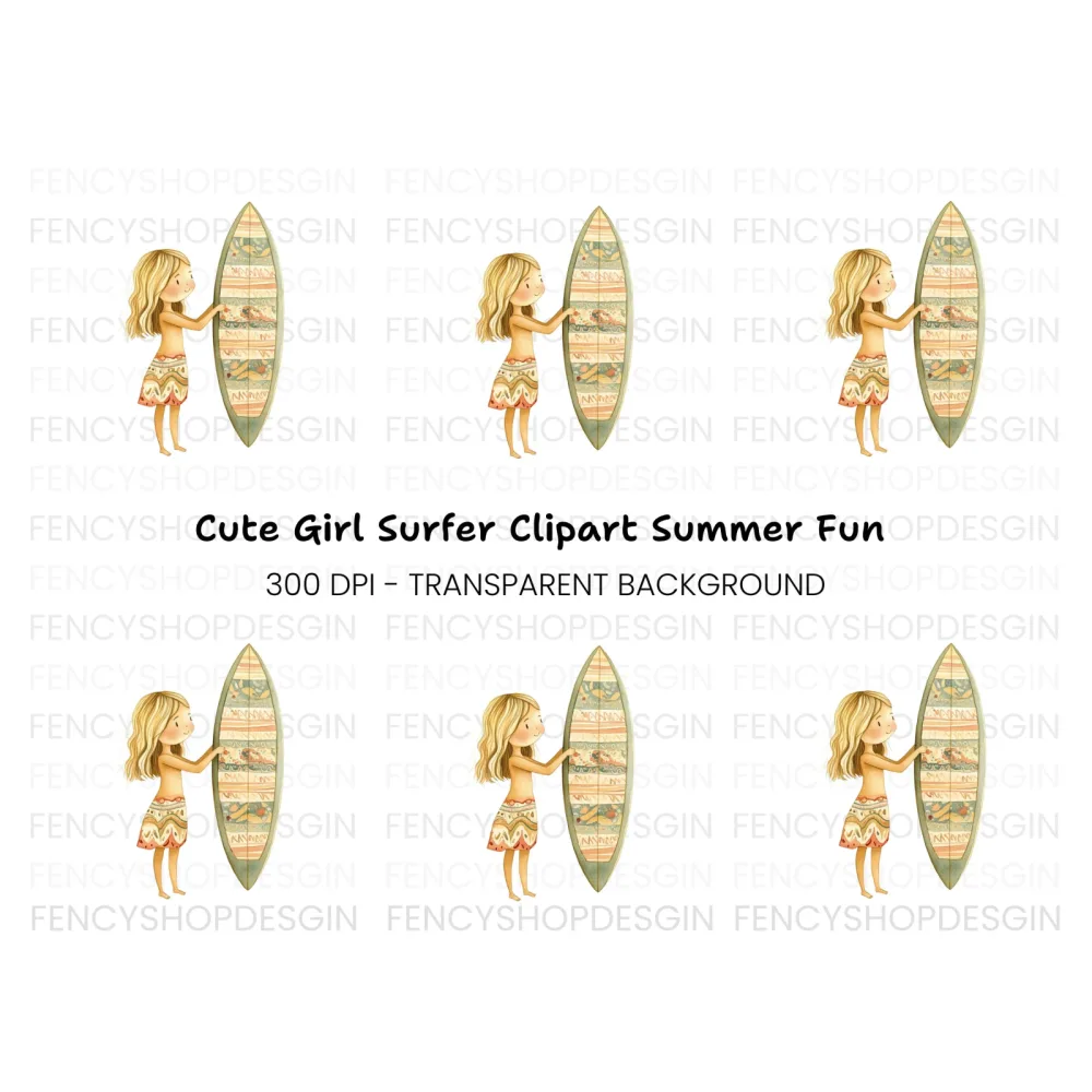 Cute Girl with Surfboard Clipart Bundle