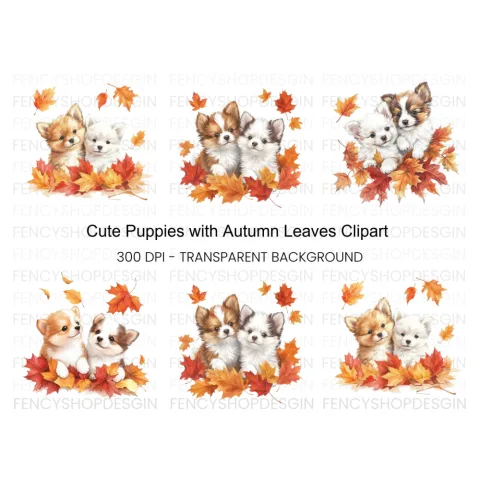 Autumn Puppies with Fall Leaves Clipart Bundle