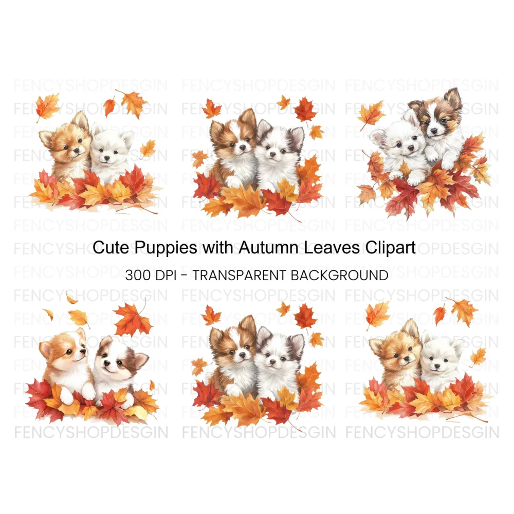 Autumn Puppies with Fall Leaves Clipart Bundle