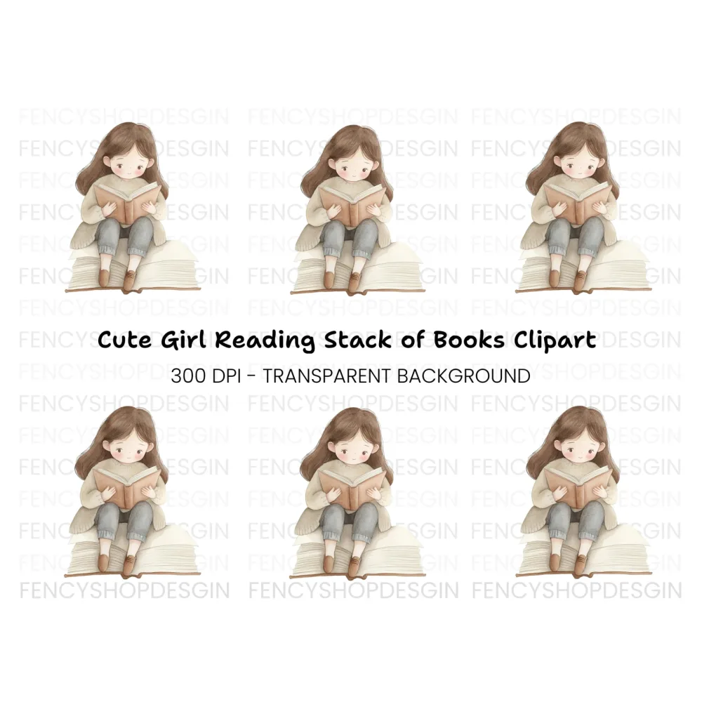 Cute Girl Reading Book Clipart Bundle