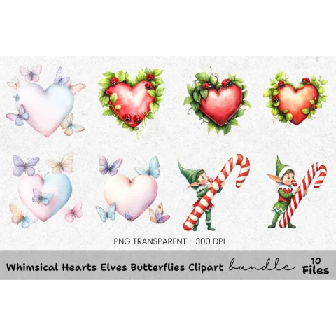 Whimsical Hearts Elves Butterflies Clipart Bundle