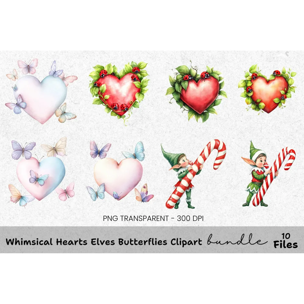 Whimsical Hearts Elves Butterflies Clipart Bundle