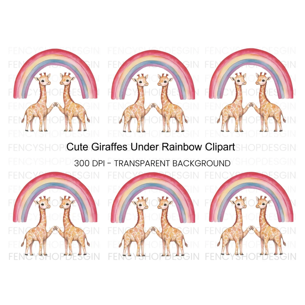 Cute Giraffes Under Rainbow Clipart Bundle