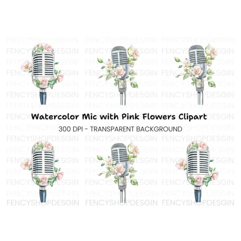 Vintage Microphones with Pink Flowers Clipart Bundle