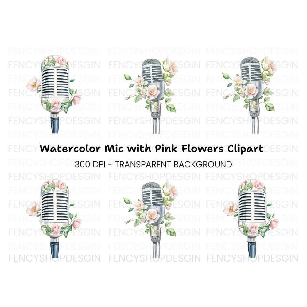 Vintage Microphones with Pink Flowers Clipart Bundle