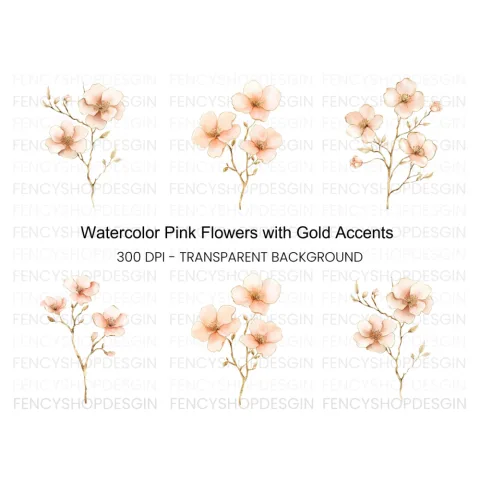 Pink Flower Branches Clipart Bundle