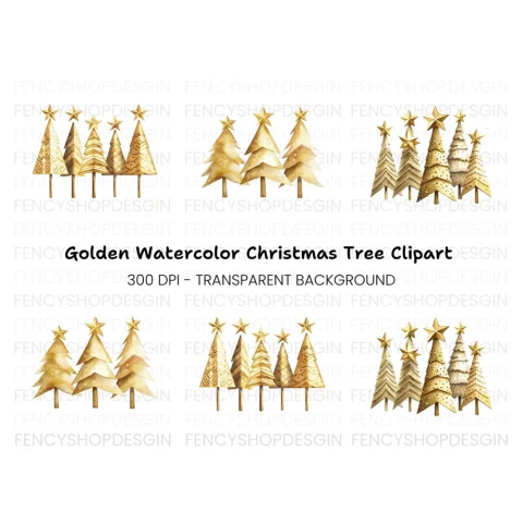Golden Christmas Trees Clipart Bundle