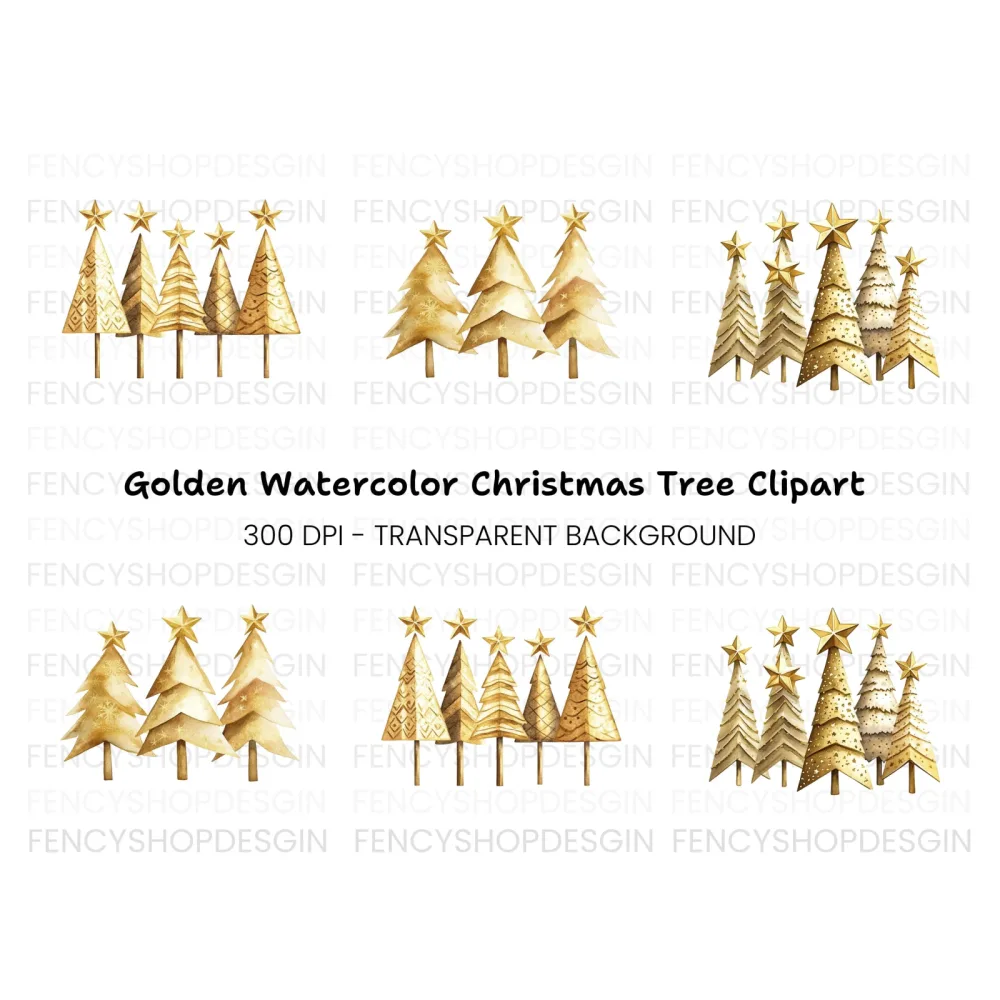 Golden Christmas Trees Clipart Bundle