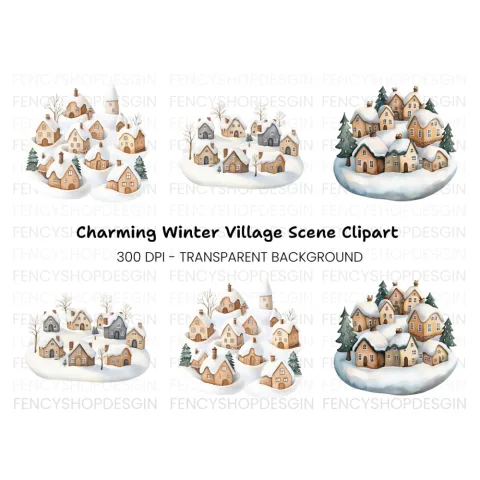 Snowy Village Landscape Clipart Bundle
