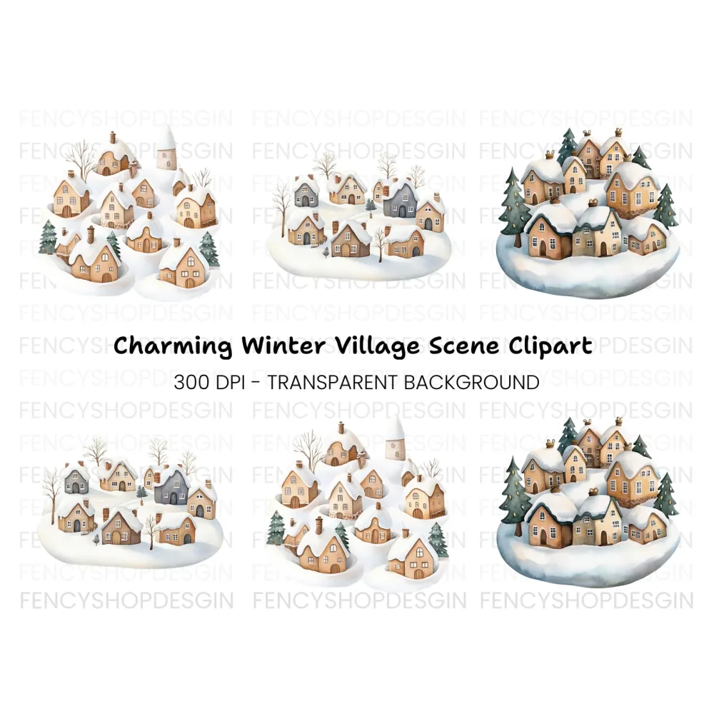 Snowy Village Landscape Clipart Bundle