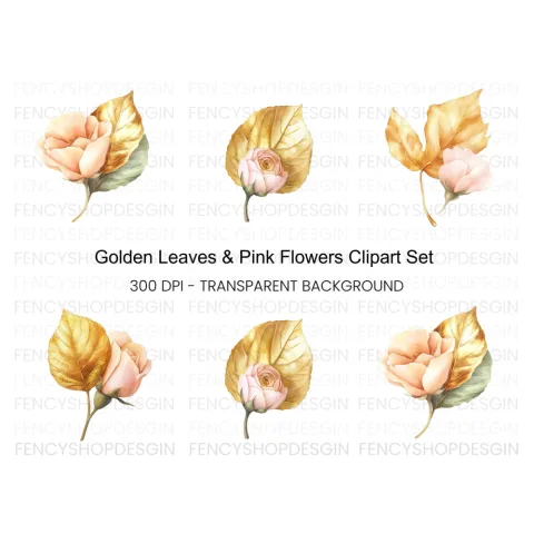 Golden Leaves and Pink Flowers Clipart Bundle