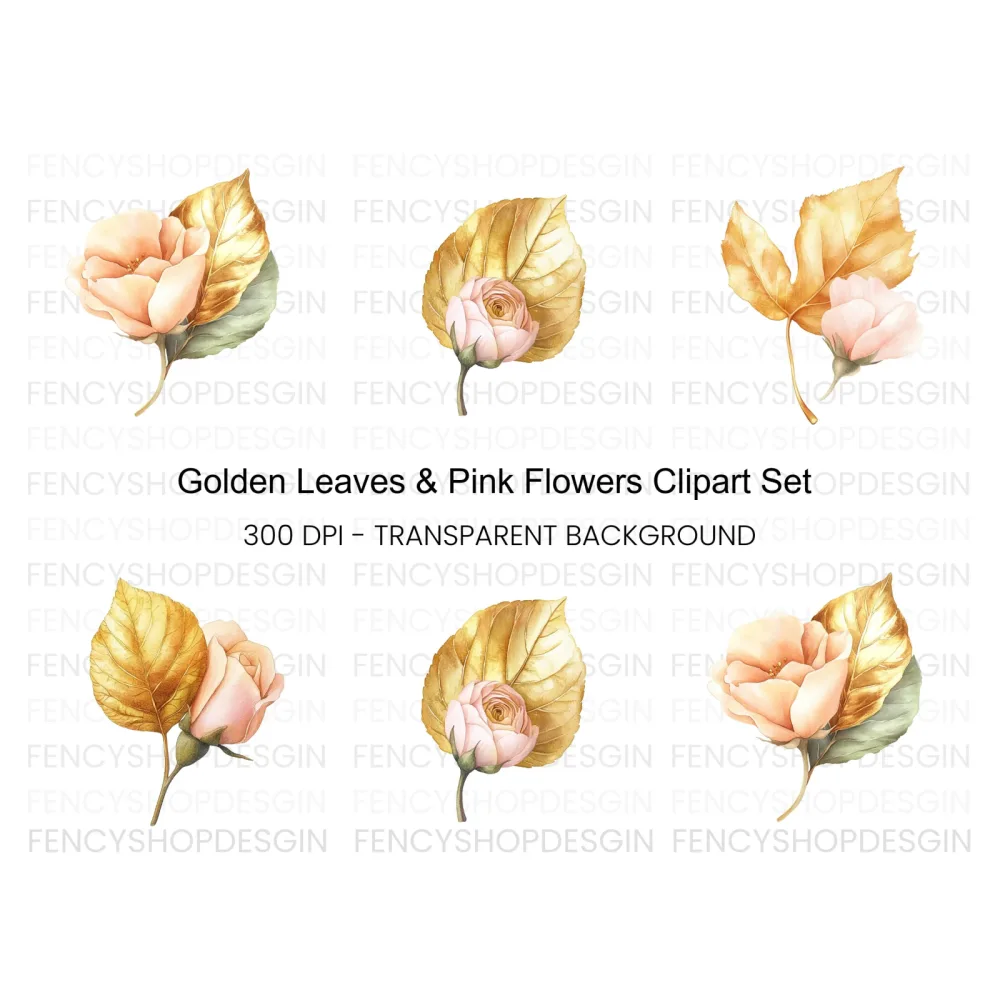 Golden Leaves and Pink Flowers Clipart Bundle