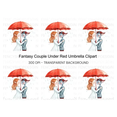 Fantasy Couple Under Red Umbrella Clipart Bundle