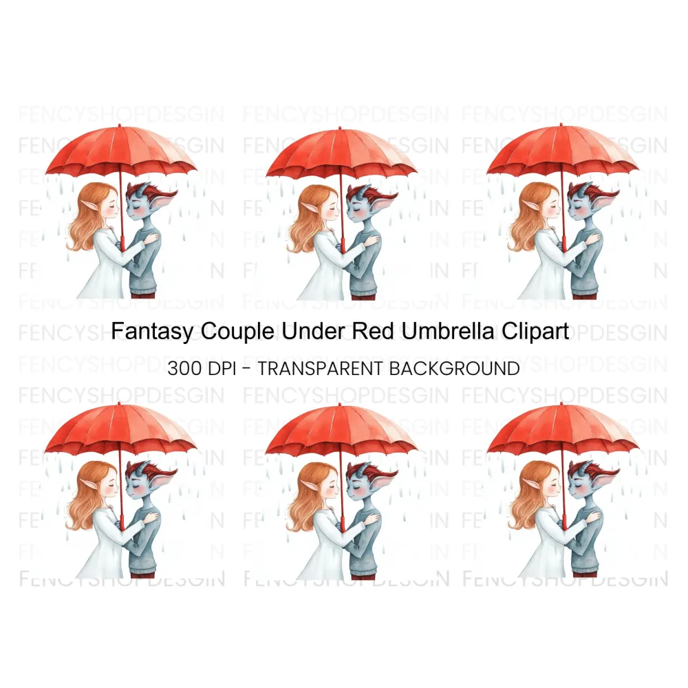 Fantasy Couple Under Red Umbrella Clipart Bundle