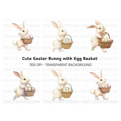 Cute White Easter Bunnies with Baskets Clipart Bundle