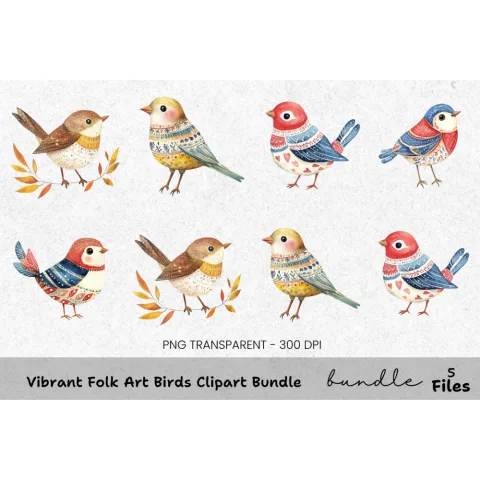 Vibrant Folk Birds Clipart Bundle