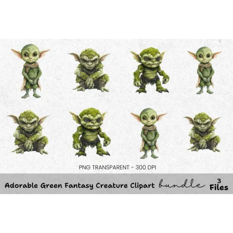 Adorable Green Fantasy Creature Clipart Bundle