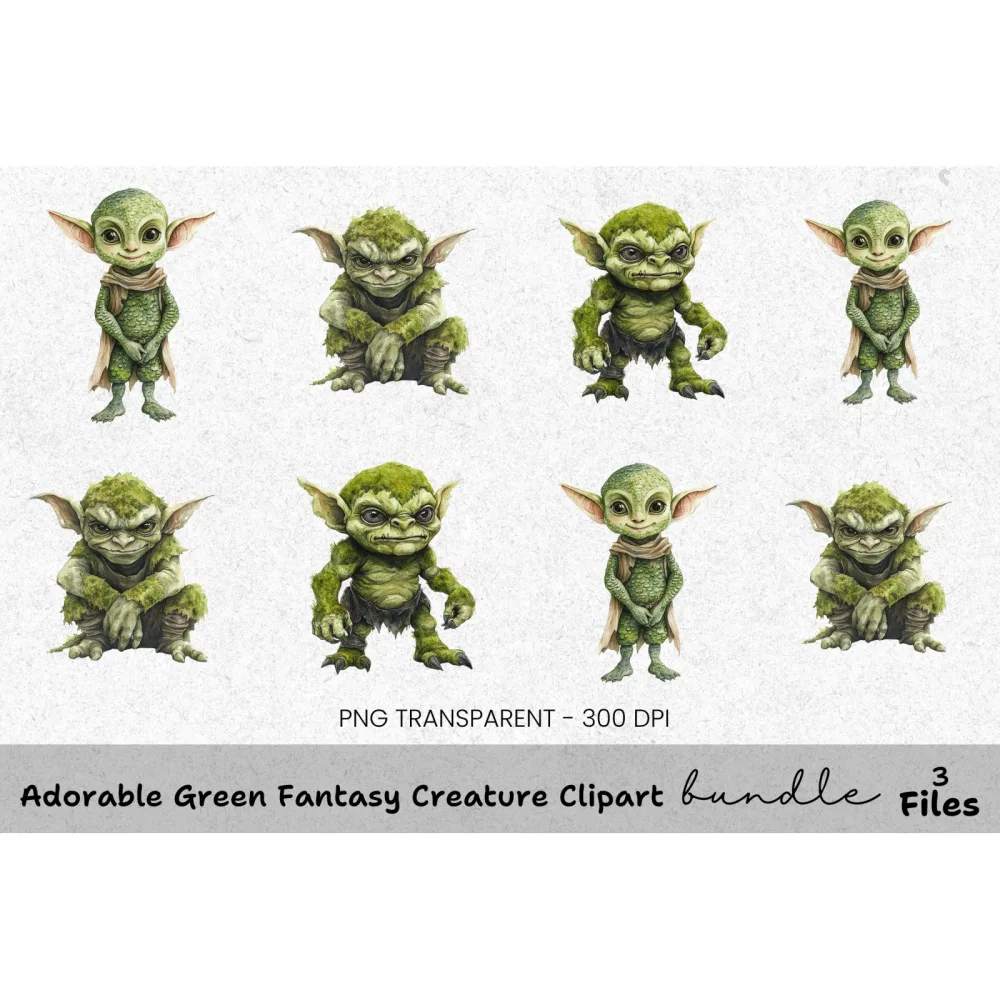 Adorable Green Fantasy Creature Clipart Bundle
