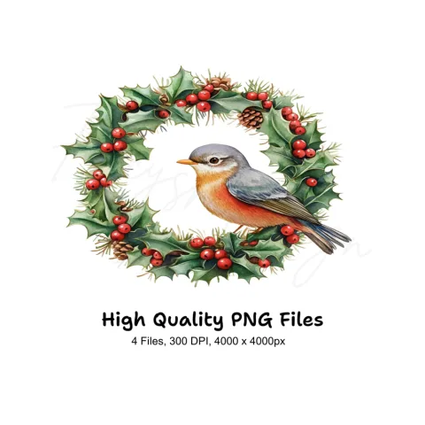 Christmas Holly Wreaths with Birds Clipart Bundle