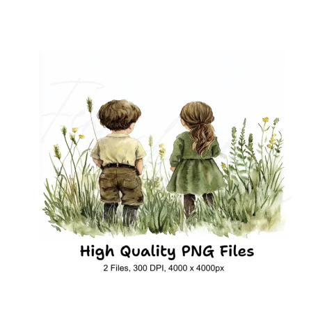 Cute Kids in Meadow Clipart Bundle