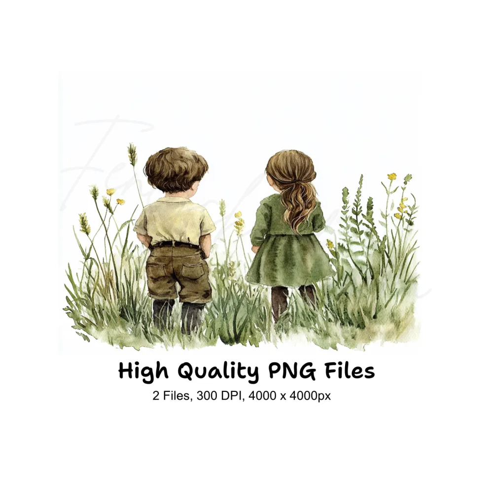 Cute Kids in Meadow Clipart Bundle