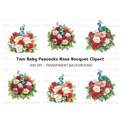 Peacock and Rose Bouquet Clipart Bundle