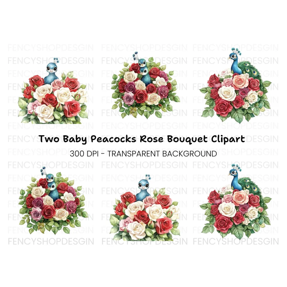 Peacock and Rose Bouquet Clipart Bundle