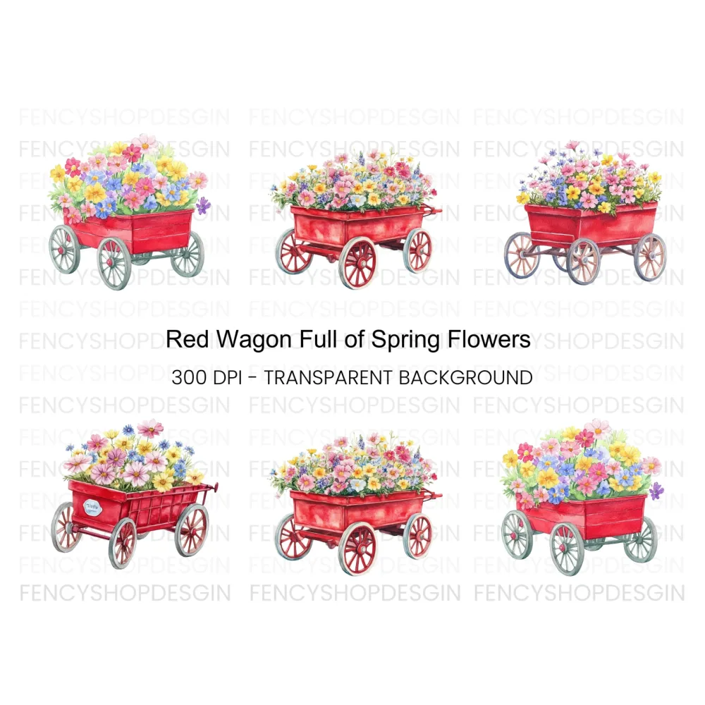 Red Wagon with Spring Flowers Clipart Bundle